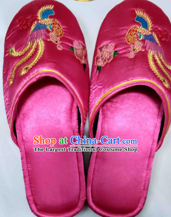 Chinese Handmade Rosy Satin Shoes Embroidery Phoenix Peony Slippers Wedding Footwear Bride Shoes