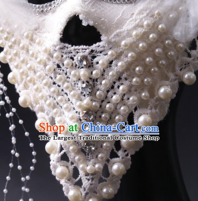 Deluxe White Lace Face Mask Stage Performance Headpiece Halloween Cosplay Pearls Mask