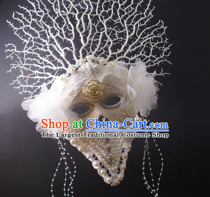 Deluxe White Lace Face Mask Stage Performance Headpiece Halloween Cosplay Pearls Mask