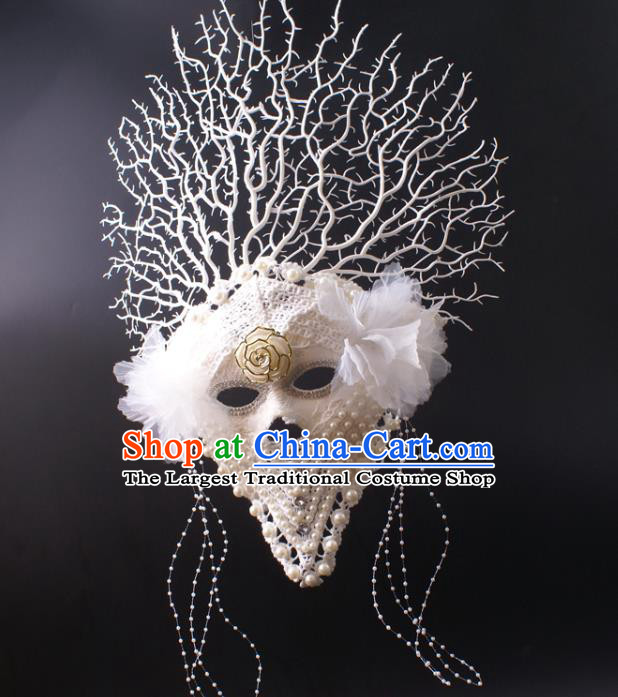 Deluxe White Lace Face Mask Stage Performance Headpiece Halloween Cosplay Pearls Mask
