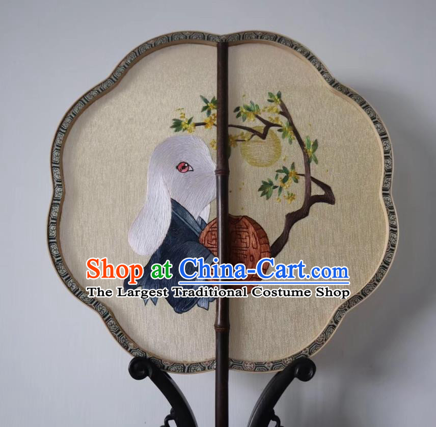 China Handmade Double Side Fan Classical Kesi Fans Traditional Hanfu Yellow Silk Fan Suzhou Embroidered Rabbit Palace Fan