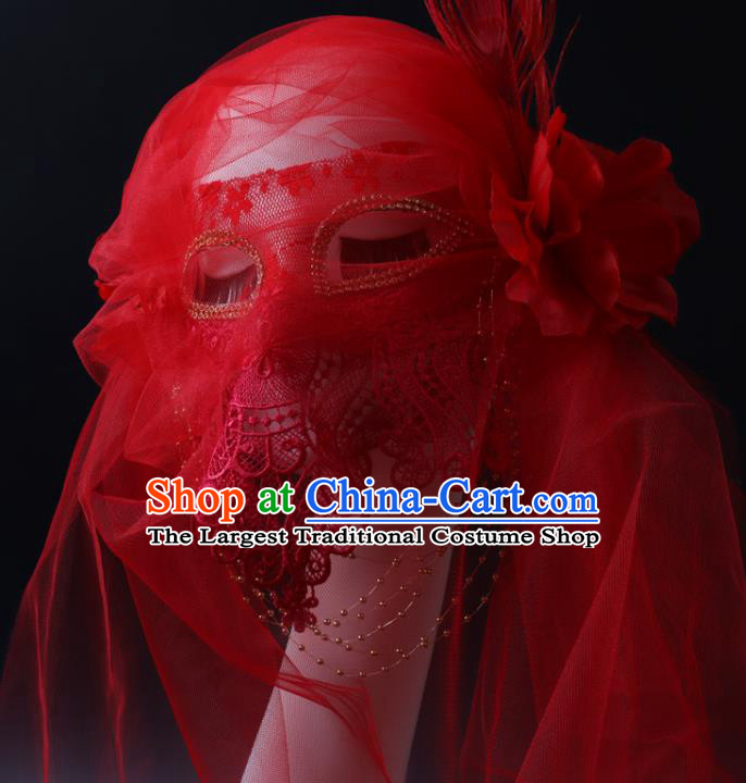Deluxe Halloween Cosplay Red Veil Mask Lace Face Mask Stage Performance Headpiece
