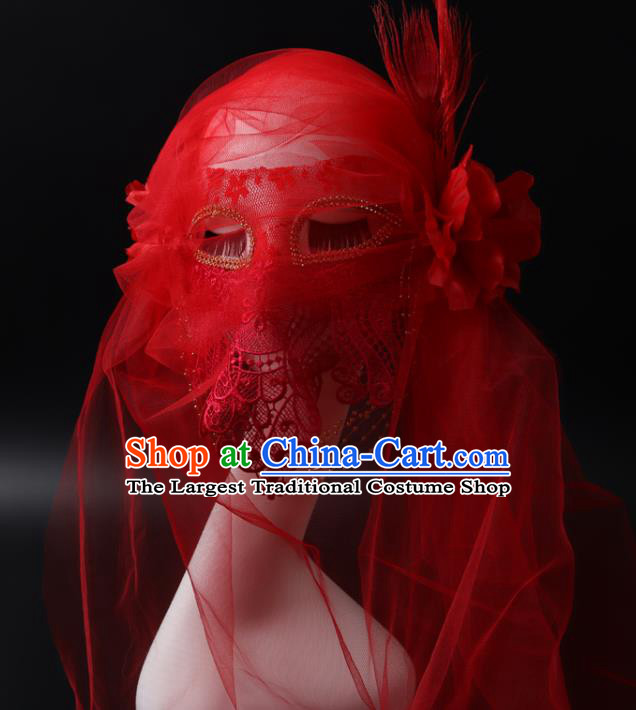 Deluxe Halloween Cosplay Red Veil Mask Lace Face Mask Stage Performance Headpiece