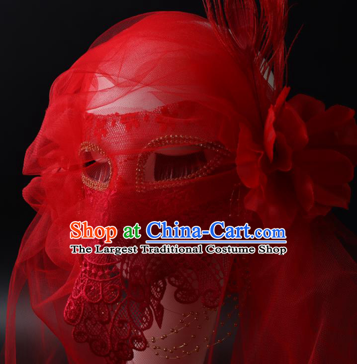 Deluxe Halloween Cosplay Red Veil Mask Lace Face Mask Stage Performance Headpiece