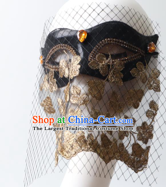 Stage Performance Headpiece Deluxe Halloween Cosplay Mask Handmade Golden Lace Face Mask
