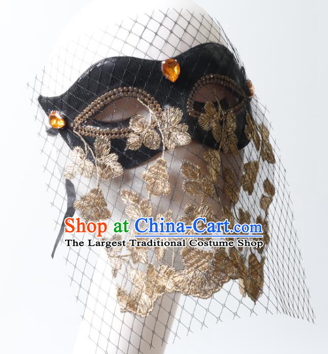 Stage Performance Headpiece Deluxe Halloween Cosplay Mask Handmade Golden Lace Face Mask