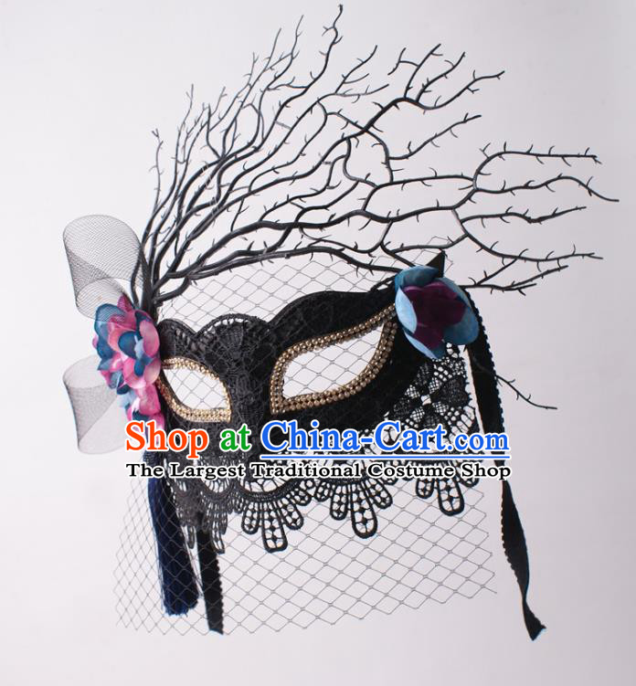Halloween Stage Performance Blinder Headpiece Cosplay Party Deluxe Black Lace Mask Handmade Branch Face Mask