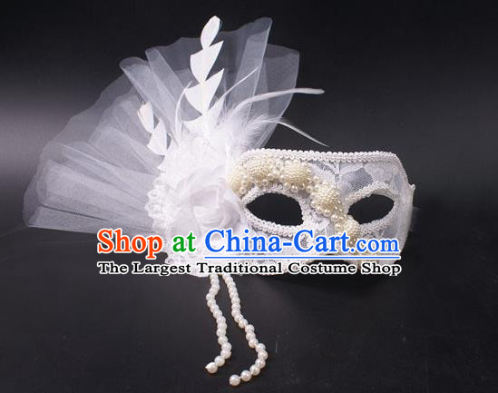 Cosplay Party Deluxe Lace Flower Mask Handmade White Feather Face Mask Halloween Stage Performance Headpiece