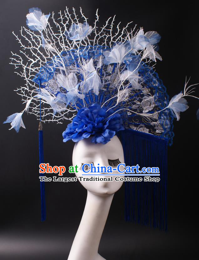 China Catwalks Tassel Hair Crown Giant Blue Lace Fan Hair Accessories Stage Show Headdress