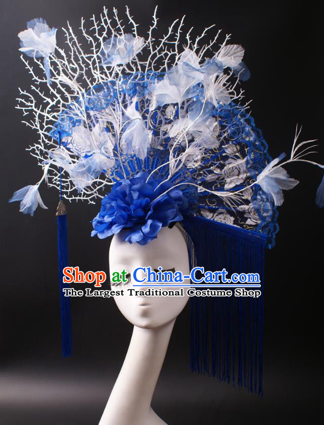 China Catwalks Tassel Hair Crown Giant Blue Lace Fan Hair Accessories Stage Show Headdress