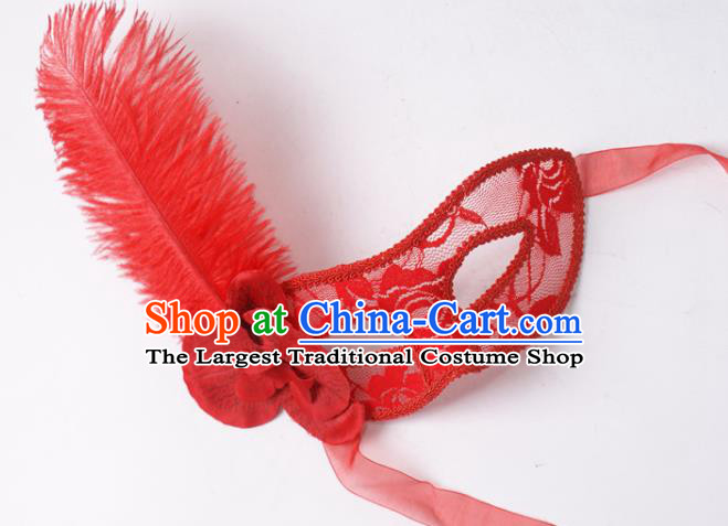 Halloween Stage Performance Headpiece Cosplay Party Deluxe Lace Mask Handmade Red Feather Face Mask