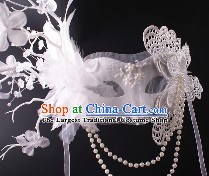 Halloween Stage Performance Headpiece Cosplay Party Deluxe Lace Butterfly Mask Handmade White Feather Face Mask