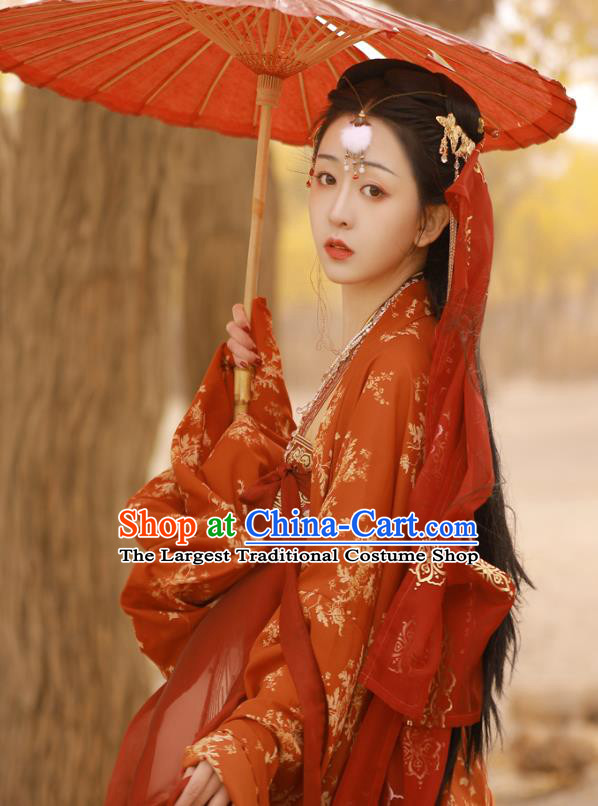 China Traditional Tang Dynasty Palace Beauty Historical Clothing Ancient Court Princess Red Hanfu Dress Garments
