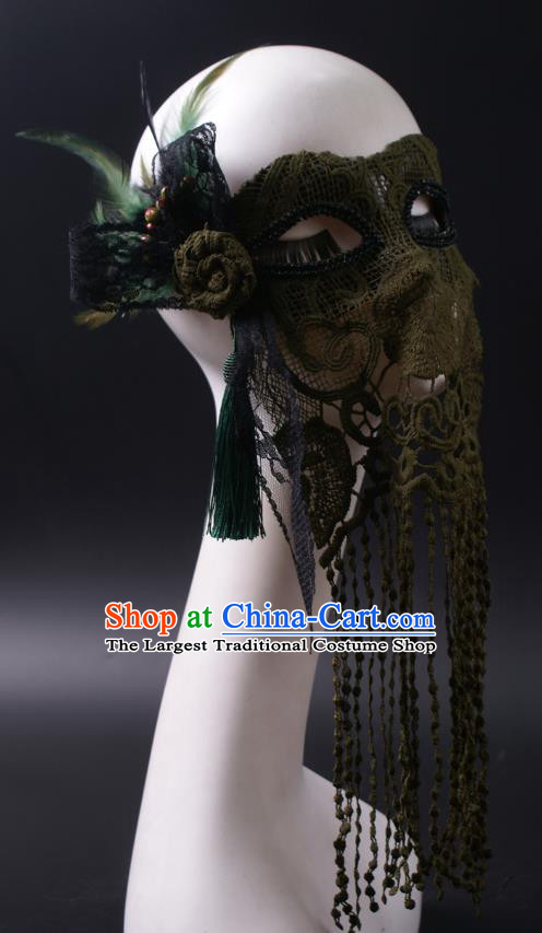 Handmade Deluxe Atrovirens Tassel Face Mask Halloween Stage Performance Blinder Headpiece Cosplay Party Lace Feather Mask