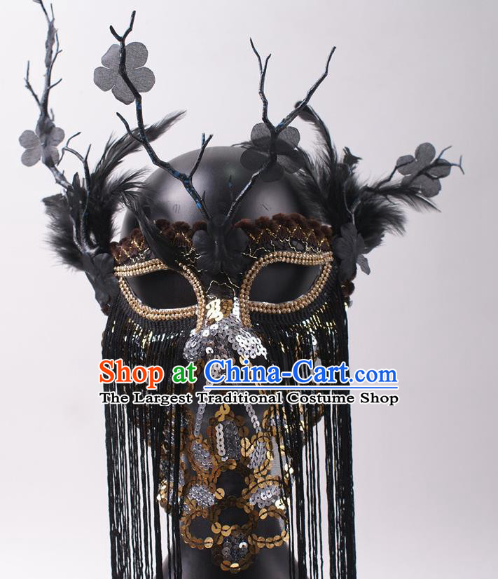 Halloween Stage Performance Feather Headpiece Cosplay Party Sequins Mask Handmade Deluxe Black Tassel Face Mask