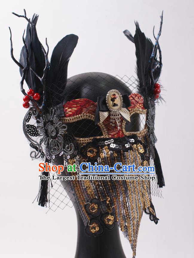 Cosplay Party Sequins Mask Handmade Deluxe Branch Face Mask Halloween Stage Performance Black Feather Headpiece