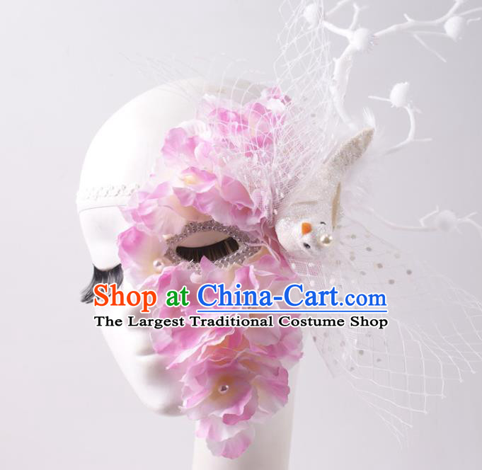 Cosplay Party White Veil Mask Halloween Handmade Half Face Mask Stage Performance Pink Silk Flowers Headpiece