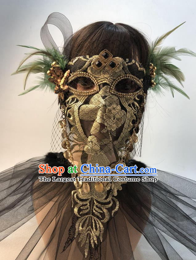 Cosplay Party Golden Lace Mask Halloween Handmade Feather Full Face Mask Stage Performance Headpiece