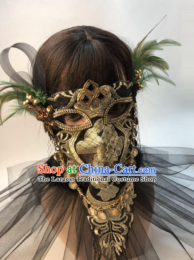 Cosplay Party Golden Lace Mask Halloween Handmade Feather Full Face Mask Stage Performance Headpiece