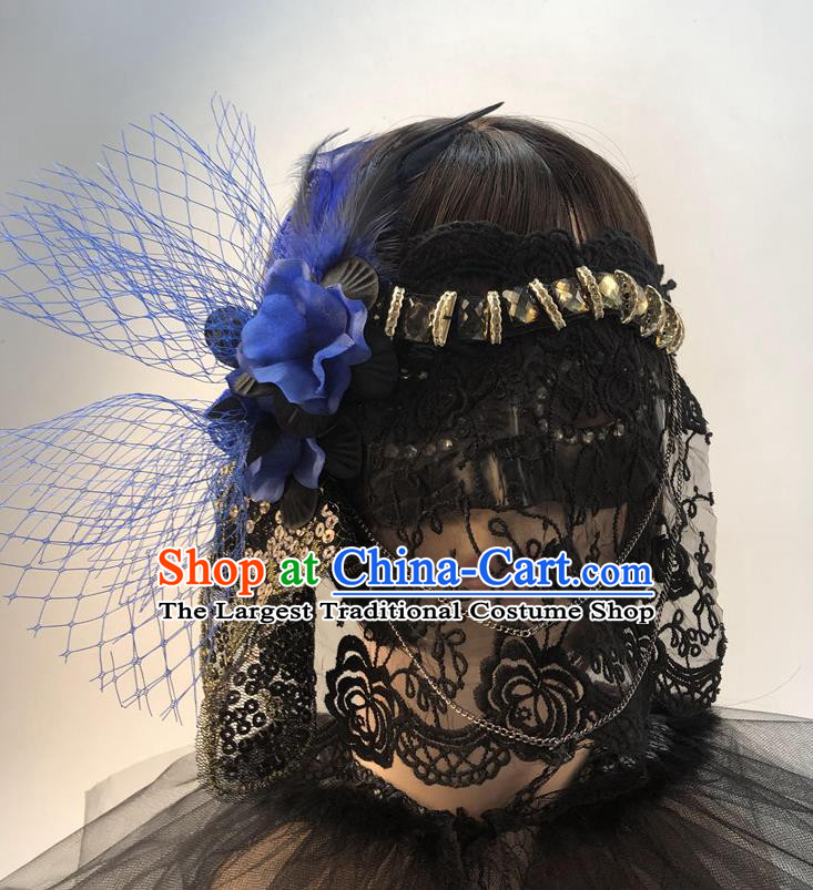 Stage Performance Headpiece Cosplay Party Veil Mask Halloween Handmade Blue Flower Face Mask