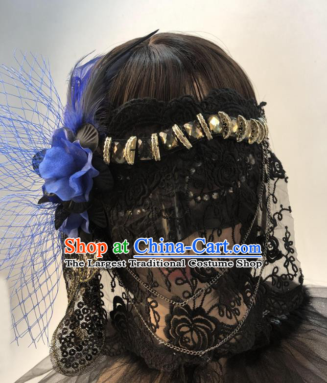 Stage Performance Headpiece Cosplay Party Veil Mask Halloween Handmade Blue Flower Face Mask