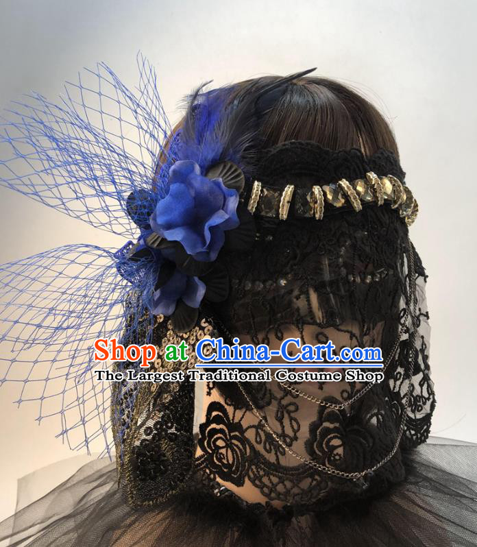 Stage Performance Headpiece Cosplay Party Veil Mask Halloween Handmade Blue Flower Face Mask