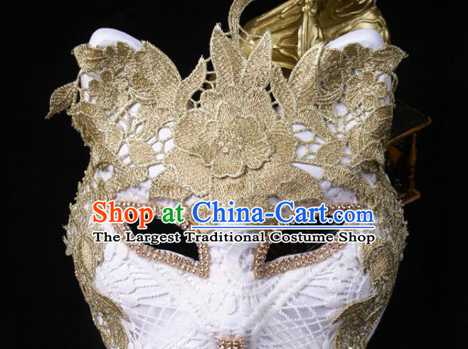 Handmade Stage Performance Headpiece Halloween Cosplay Party Golden Lace Mask Carnival White Cat Face Mask