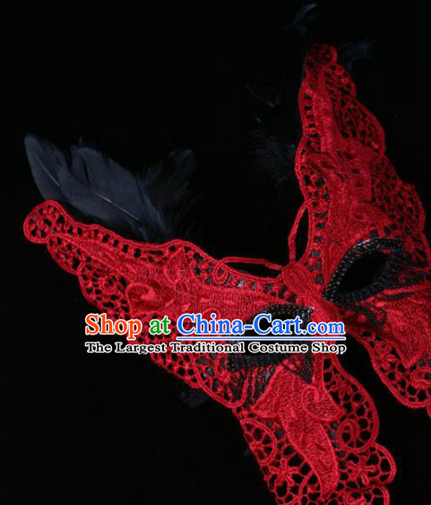 Handmade Carnival Red Lace Butterfly Face Mask Stage Performance Headpiece Halloween Cosplay Party Full Mask