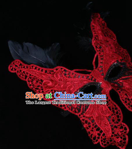 Handmade Carnival Red Lace Butterfly Face Mask Stage Performance Headpiece Halloween Cosplay Party Full Mask