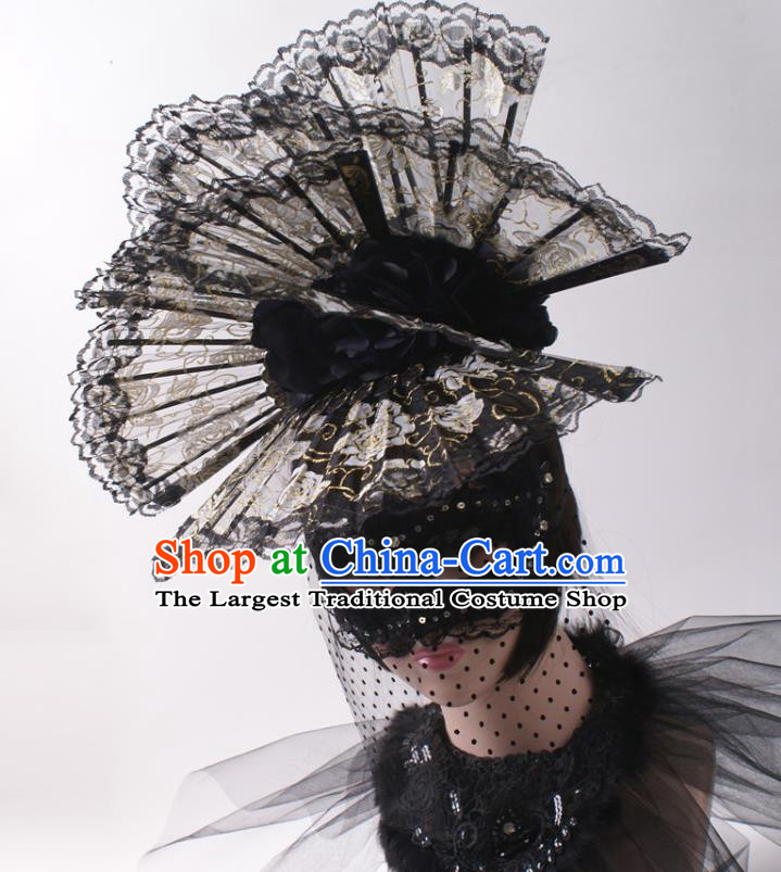 China Giant Hair Accessories Stage Show Headdress Catwalks Black Lace Fans Hair Crown