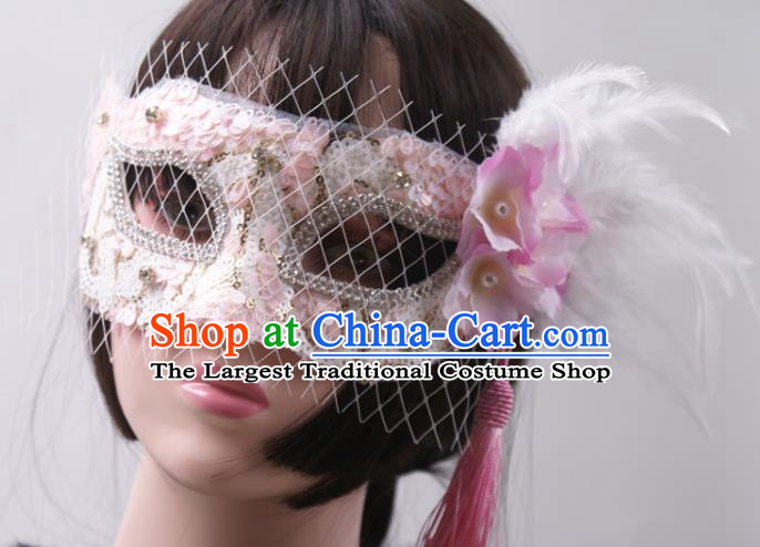 Handmade Deluxe White Feather Face Mask Halloween Stage Performance Blinder Headpiece Cosplay Party Pink Mask