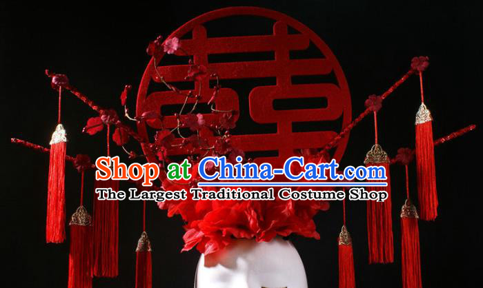 China Catwalks Red Tassel Hair Crown Traditional Wedding Giant Hair Accessories Stage Show Headdress