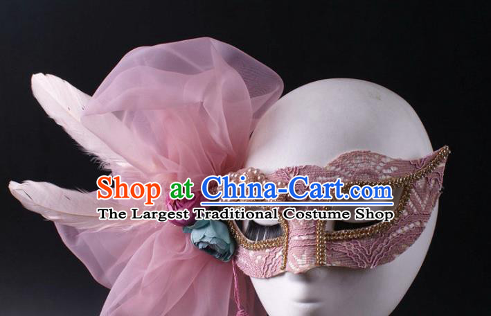 Handmade Carnival Veil Face Mask Stage Performance Blinder Headpiece Halloween Cosplay Party Pink Feather Mask