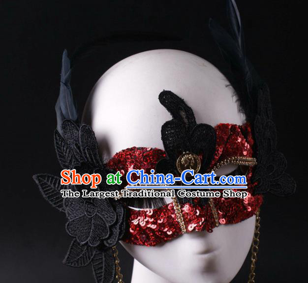 Handmade Halloween Cosplay Party Red Sequins Mask Carnival Black Feather Face Mask Stage Performance Blinder Headpiece