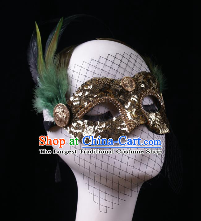 Handmade Stage Performance Blinder Headpiece Halloween Cosplay Party Golden Sequins Mask Carnival Green Feather Face Mask