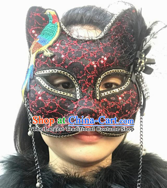 Handmade Stage Performance Headpiece Halloween Cosplay Party Black Lace Cat Mask Carnival Embroidered Bird Face Mask