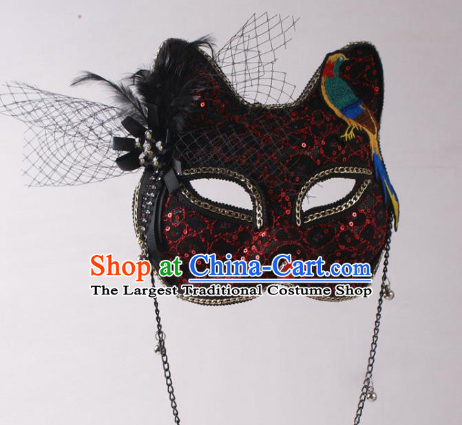 Handmade Stage Performance Headpiece Halloween Cosplay Party Black Lace Cat Mask Carnival Embroidered Bird Face Mask