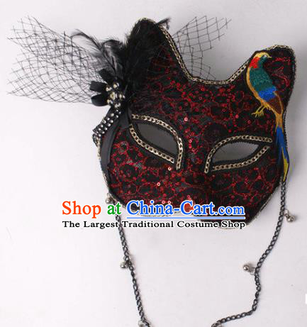 Handmade Stage Performance Headpiece Halloween Cosplay Party Black Lace Cat Mask Carnival Embroidered Bird Face Mask