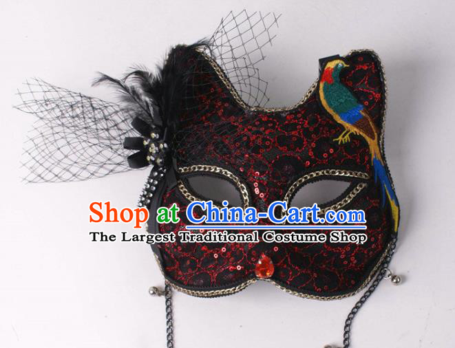 Handmade Stage Performance Headpiece Halloween Cosplay Party Black Lace Cat Mask Carnival Embroidered Bird Face Mask