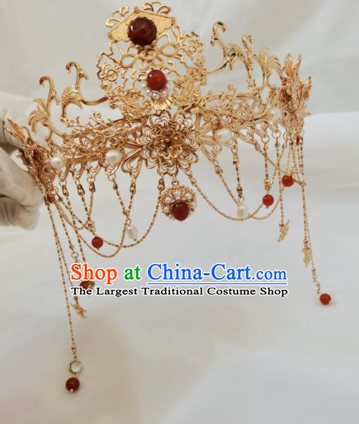 China Ming Dynasty Princess Golden Hair Crown Traditional Wedding Hanfu Hair Accessories Ancient Bride Phoenix Coronet