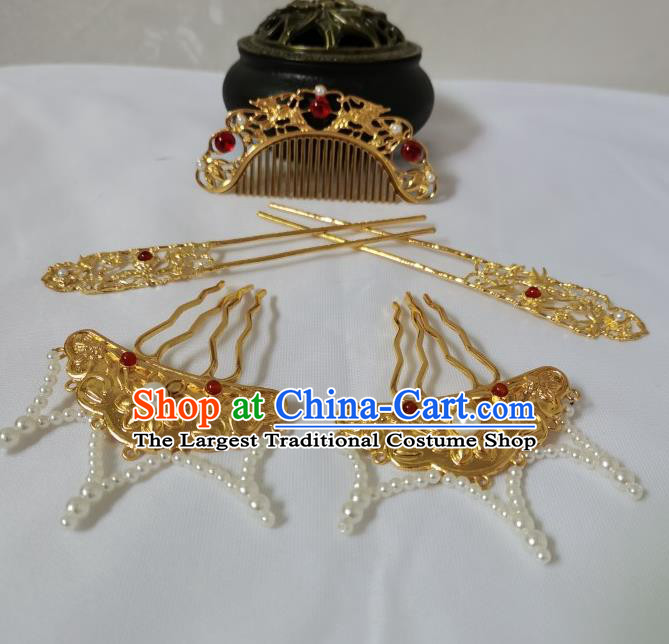 China Tang Dynasty Empress Hairpin Traditional Hanfu Hair Accessories Ancient Queen Golden Tassel Hair Combs Full Set