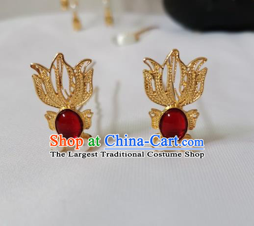 China Ancient Princess Golden Phoenix Hair Crown Ming Dynasty Palace Lady Hairpins Traditional Hanfu Hair Accessories Full Set