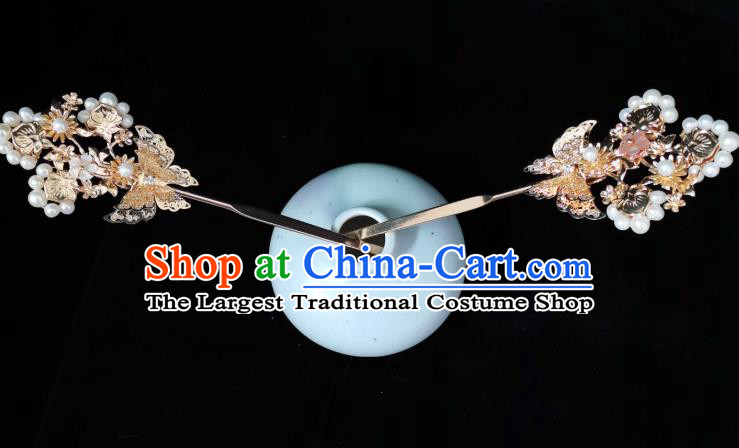 China Ancient Palace Lady Pearls Hairpin Ming Dynasty Princess Golden Butterfly Hair Stick Traditional Hanfu Headwear