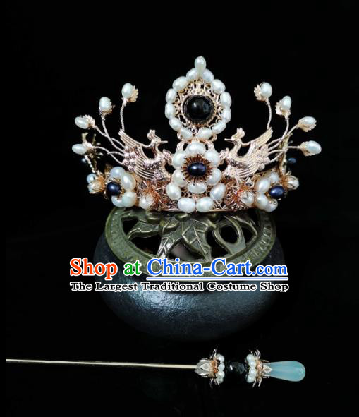 China Traditional Ancient Queen Hanfu Headwear Tang Dynasty Empress Golden Phoenix Hair Crown and Hairpin