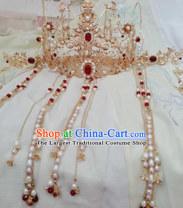 China Traditional Wedding Hair Accessories Ancient Queen Hanfu Hairpin Ming Dynasty Golden Tassel Hair Crown