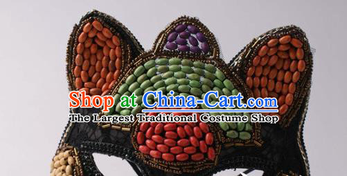 Handmade Carnival Colorful Beads Full Face Mask Stage Show Headpiece Halloween Cosplay Party Woman Black Lace Cat Mask