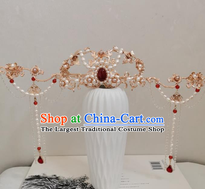 China Ancient Queen Hair Accessories Traditional Ming Dynasty Empress Pearls Hair Crown and Tassel Hairpins