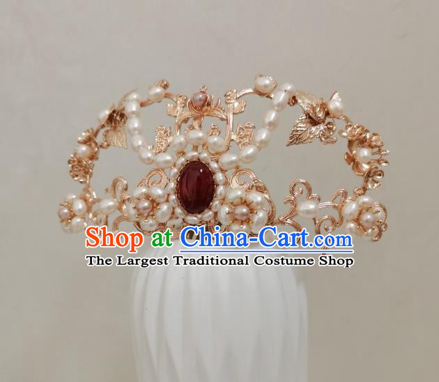 China Ancient Queen Hair Accessories Traditional Ming Dynasty Empress Pearls Hair Crown and Tassel Hairpins