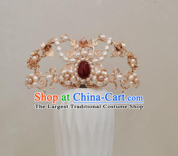 China Ancient Queen Hair Accessories Traditional Ming Dynasty Empress Pearls Hair Crown and Tassel Hairpins