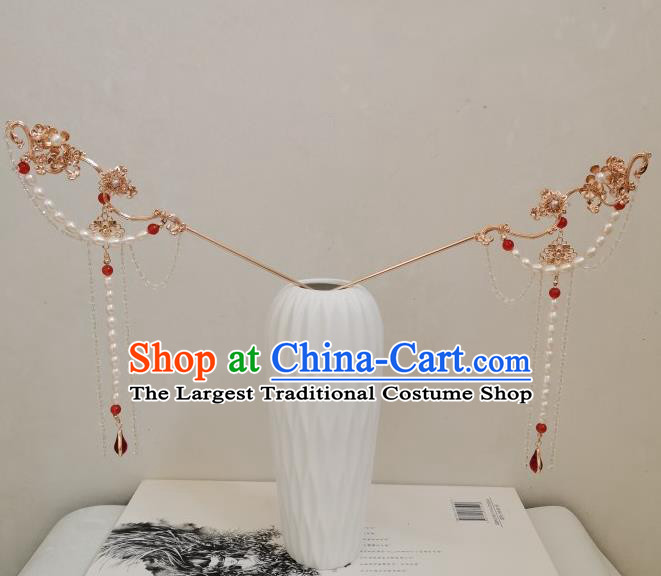 China Ancient Queen Hair Accessories Traditional Ming Dynasty Empress Pearls Hair Crown and Tassel Hairpins